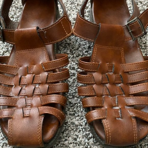 Tan LEATHER Men's FISHERMAN Basket-weave BUCKLE SANDALS * 9 (wider fit) * EUC - Picture 3 of 7
